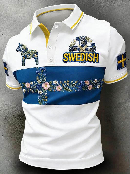 Retro Swedish Midsummer Floral Patchwork Casual Polo Shirt