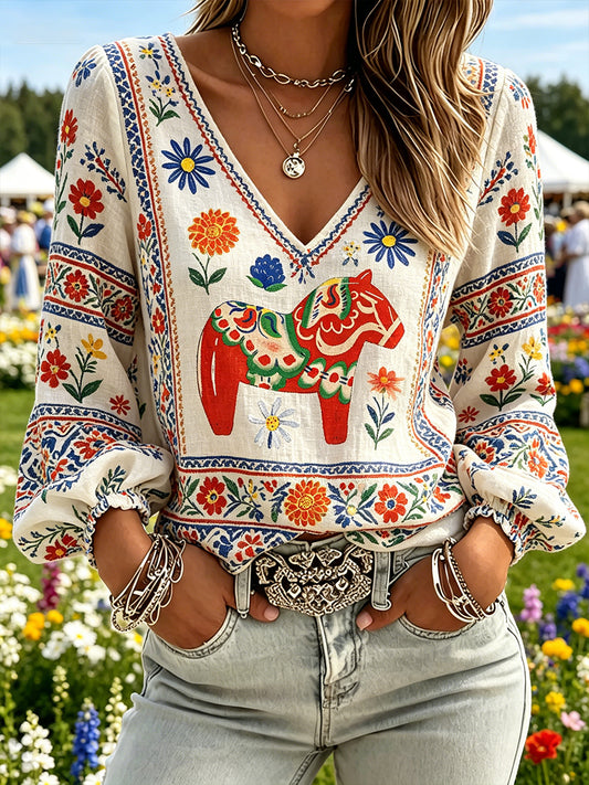 Women's Midsummer Festival Themed Ethnic Pastoral Style Printed V-Neck Puff Sleeve Top
