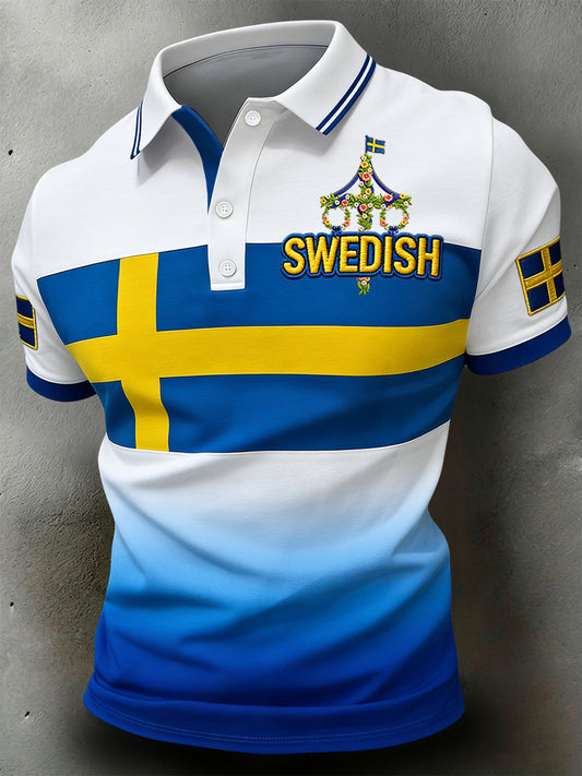 Retro Swedish Midsummer Geometric Patchwork Casual Polo Shirt