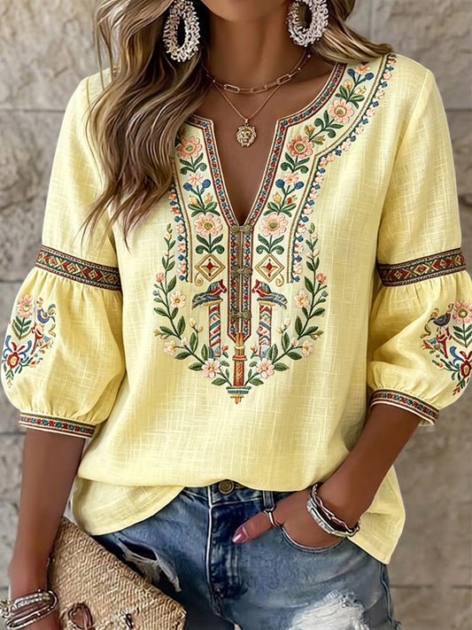 Women's Retro Swedish Midsummer Floral Symmetrical Art V-Neck Blouse