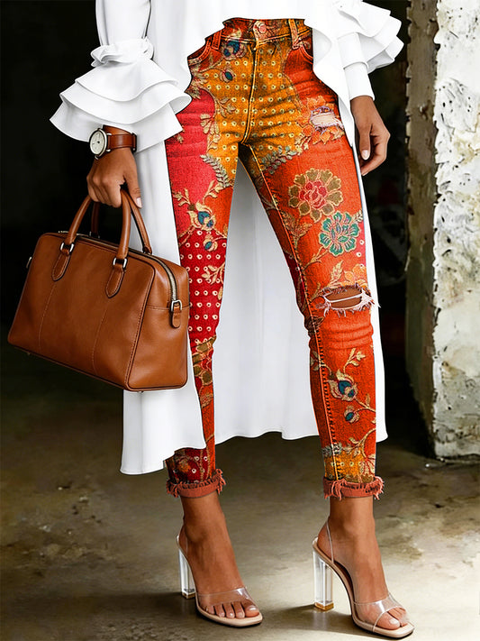 Women's Artistic Floral Print Jeans
