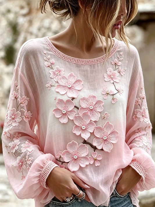 Women's Vintage-Style Casual Cotton-Linen Top with Embroidered Floral and Printed Patchwork