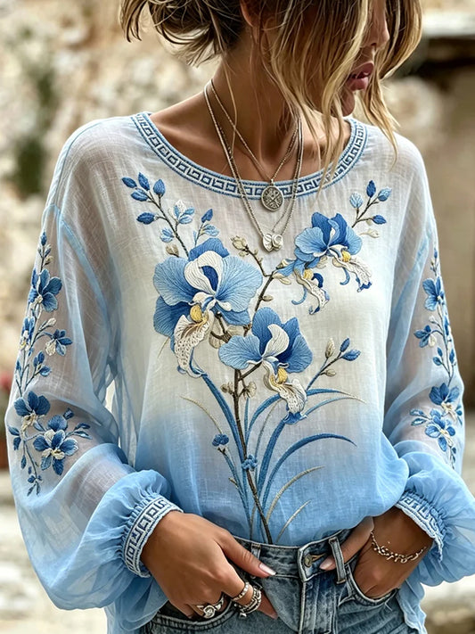 Women's Vintage-Style Casual Cotton-Linen Top with Embroidered Floral and Printed Patchwork