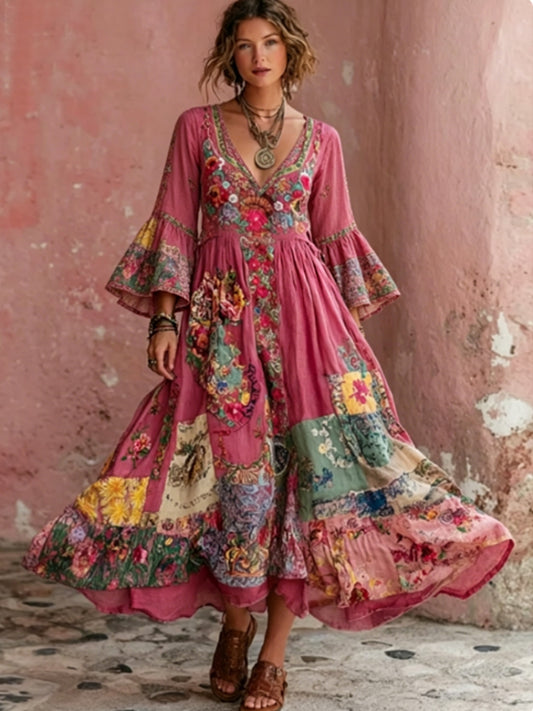 Women's Bohemian Floral Embroidery Art V-Neck  Short Sleeve Midi Dress