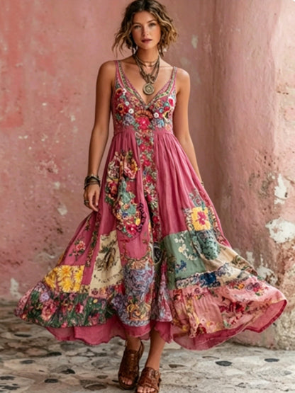 Women's Bohemian Floral Embroidery Art V-Neck  Short Sleeve Midi Dress