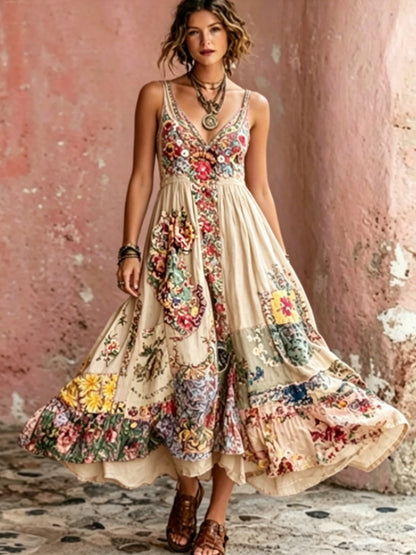 Women's Bohemian Floral Embroidery Art V-Neck  Short Sleeve Midi Dress
