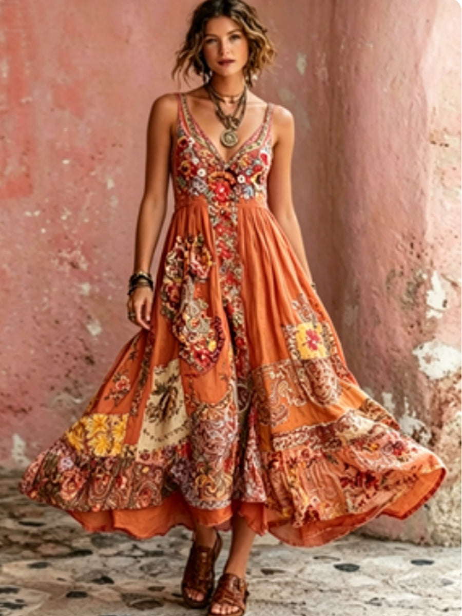 Women's Bohemian Floral Embroidery Art V-Neck  Short Sleeve Midi Dress