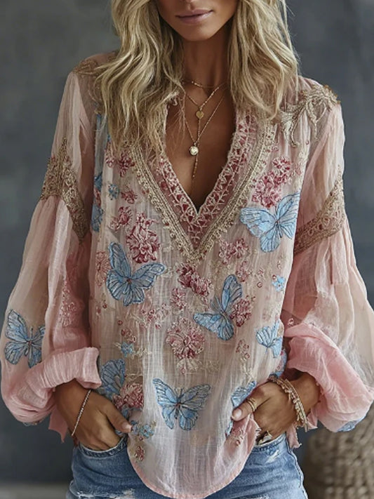 Women's Vintage Floral And Butterfly Embroidered Art Print Flowy Linen Blend Casual Tops