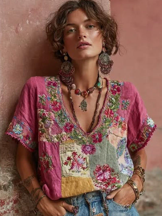 Women's Bohemian Floral Embroidery Art V-neck Contrast Color Linen Blend T-shirt