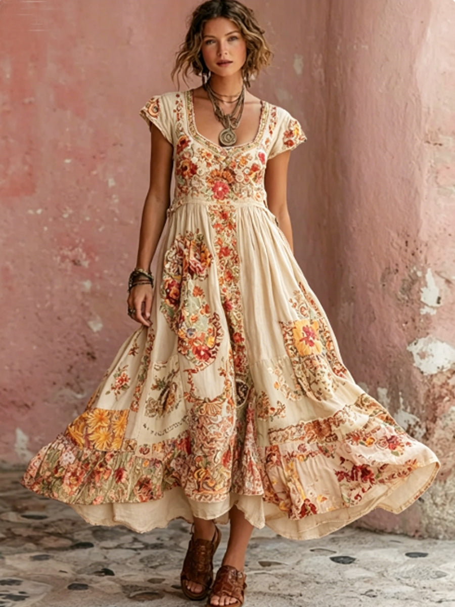 Women's Bohemian Floral Embroidery Art Round Neck Short Sleeve Midi Dress