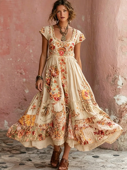 Women's Bohemian Floral Embroidery Art Round Neck Short Sleeve Midi Dress
