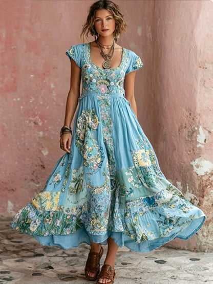 Women's Bohemian Floral Embroidery Art Round Neck Short Sleeve Midi Dress