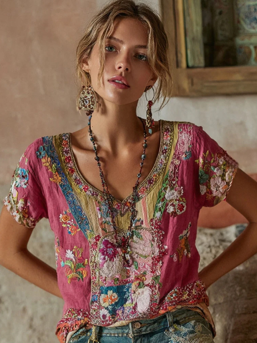 Women's Bohemian Floral Embroidery Art V-neck Contrast Color Linen Blend T-shirt