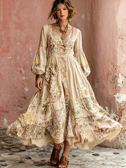 Women's Bohemian Floral Embroidery Art V-Neck  Short Sleeve Midi Dress