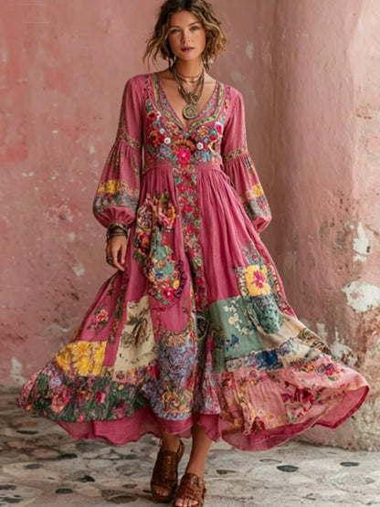 Women's Bohemian Floral Embroidery Art V-Neck  Short Sleeve Midi Dress