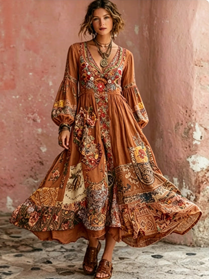 Women's Bohemian Floral Embroidery Art V-Neck  Short Sleeve Midi Dress