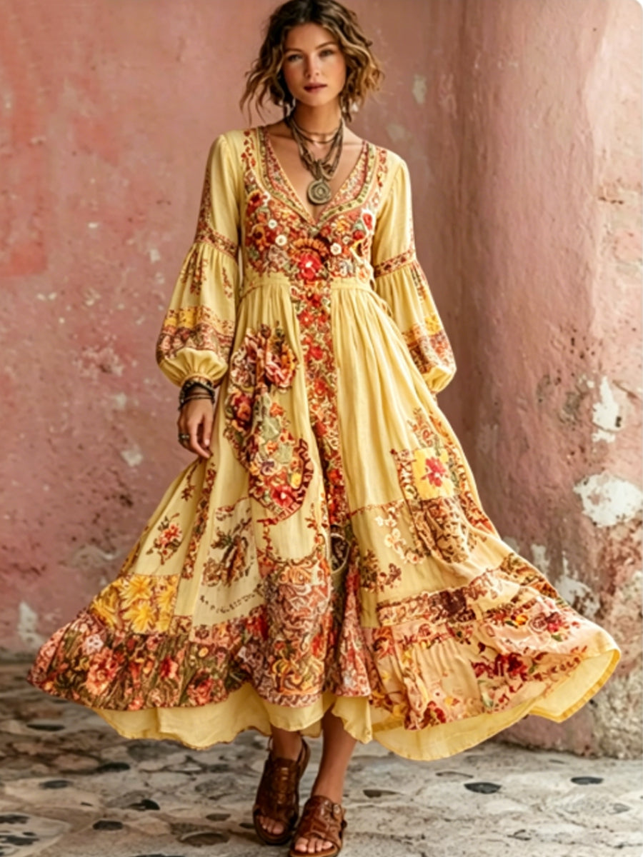 Women's Bohemian Floral Embroidery Art V-Neck  Short Sleeve Midi Dress