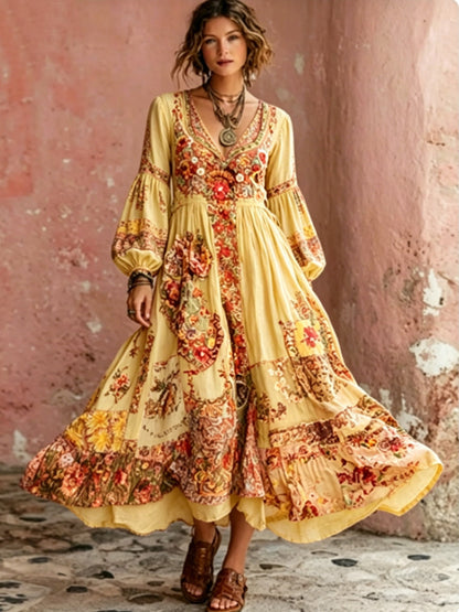 Women's Bohemian Floral Embroidery Art V-Neck  Short Sleeve Midi Dress