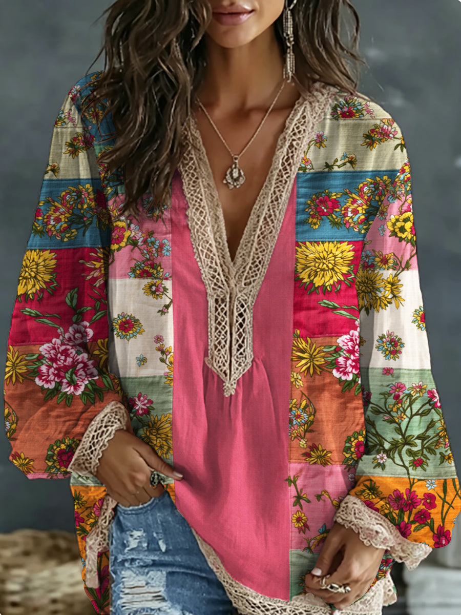 Women's Bohemian Floral Embroidery Art Contrast Color Linen Blend V-Neck Long Sleeve Shirt
