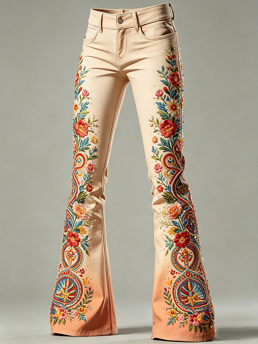Women's Flower Art Print Flared Trousers