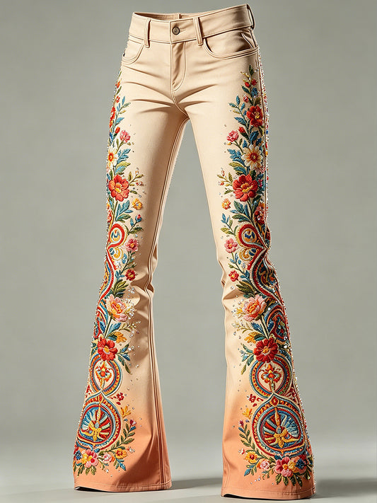 Women's Flower Art Print Flared Trousers
