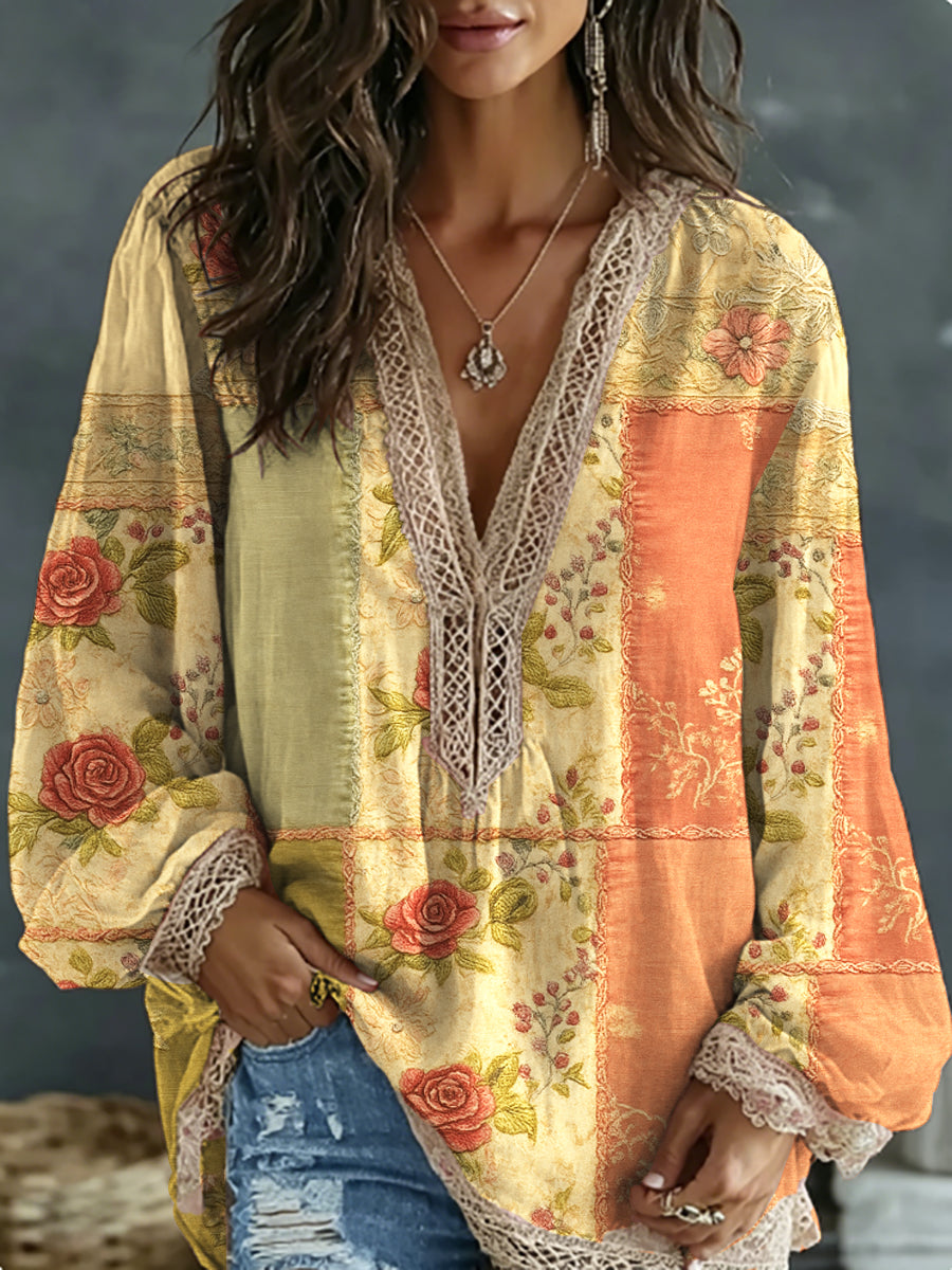 Women's Bohemian Floral Embroidery Art Contrast Color Linen Blend V-Neck Long Sleeve Shirt