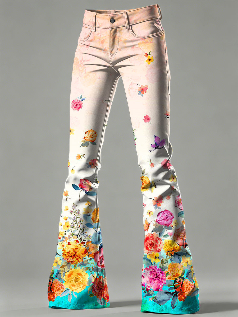 Women's Flower Art Print Flared Trousers