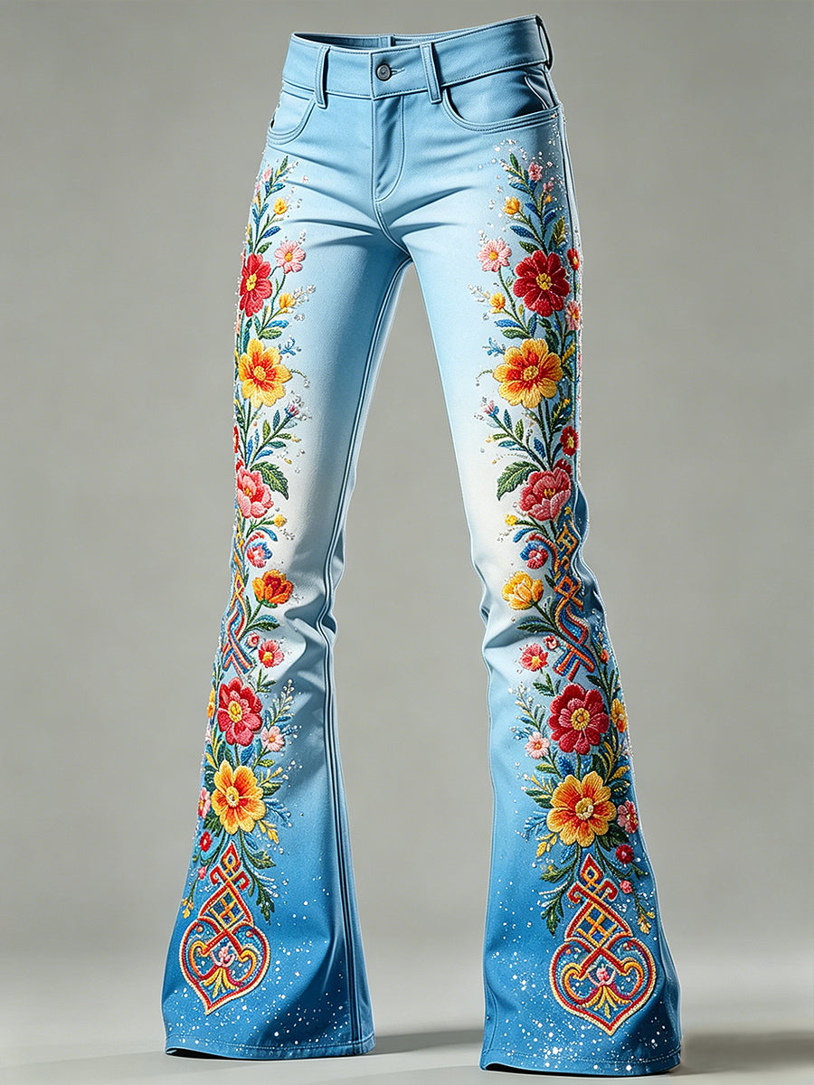 Women's Flower Art Print Flared Trousers