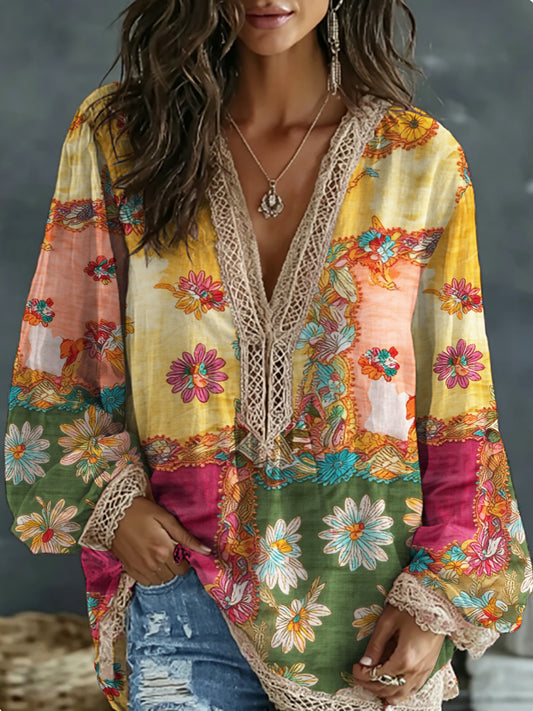 Women's Bohemian Floral Embroidery Art Contrast Color Linen Blend V-Neck Long Sleeve Shirt