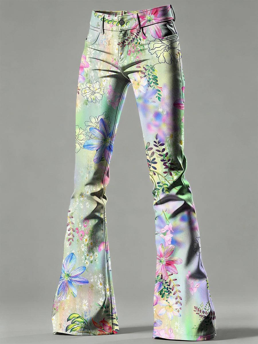 Women's Flower Art Print Flared Trousers