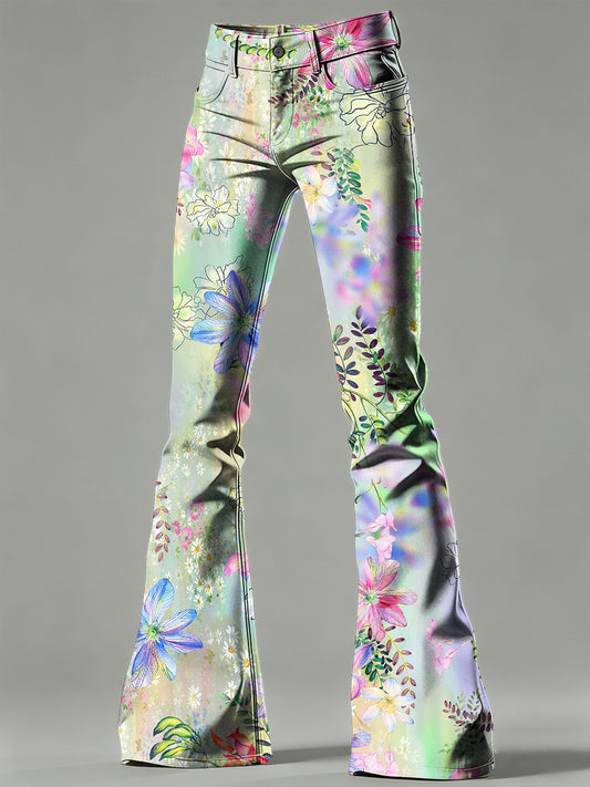 Women's Flower Art Print Flared Trousers