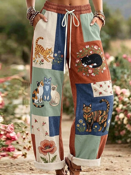 Women's Retro Floral Cat Print Casual Pants