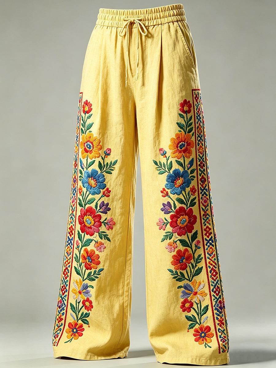Women's Flower Art Print Drawstring Trousers