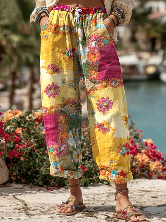 Women's Bohemian Floral Embroidery Art Contrast Color Linen Blend Casual Pants