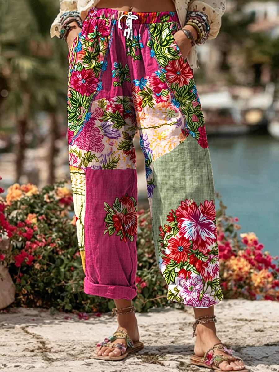 Women's Bohemian Floral Embroidery Art Contrast Color Linen Blend Casual Pants
