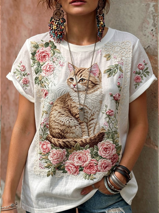 Women's Cute Cat With Floral Casual Linen Short Sleeve Shirt