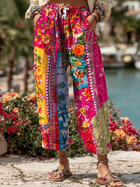 Women's Bohemian Floral Embroidery Art Contrast Color Linen Blend Casual Pants