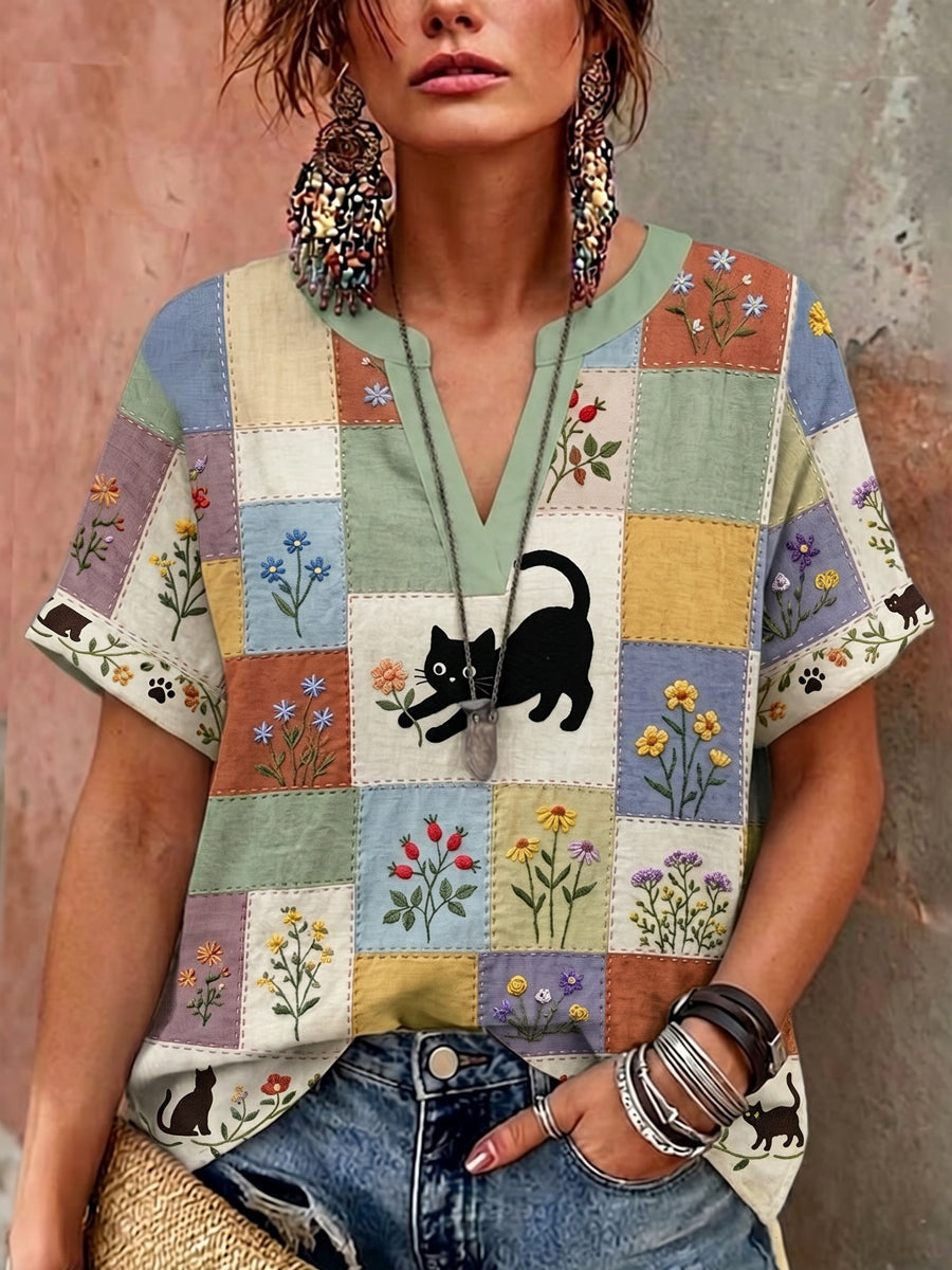 Women's Retro Floral Cat Print Casual V-Neck Shirt