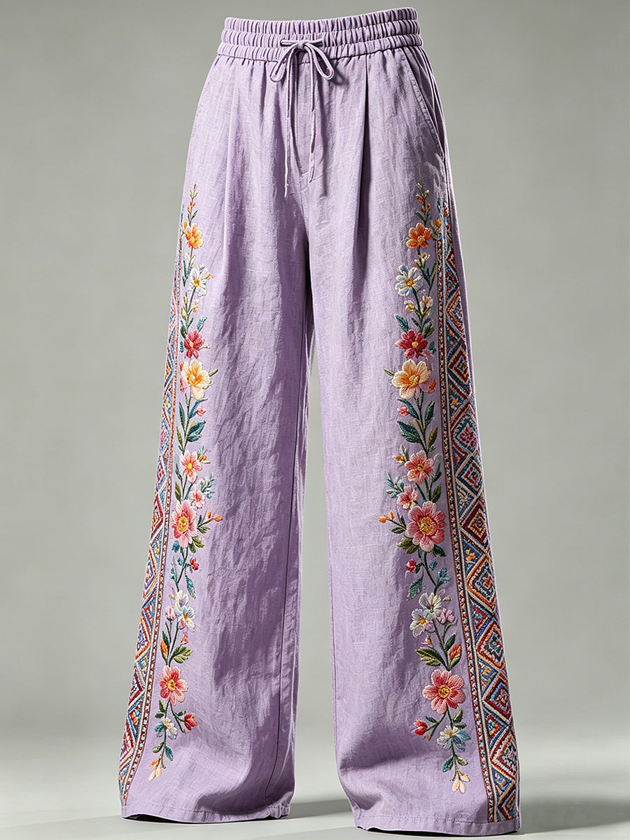 Women's Flower Art Print Drawstring Trousers