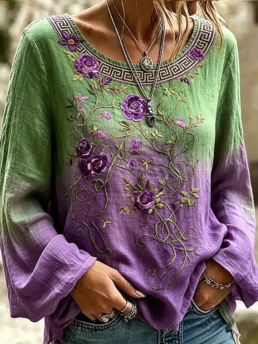 Women's Vintage Floral Art Print Casual Cotton-Linen Top