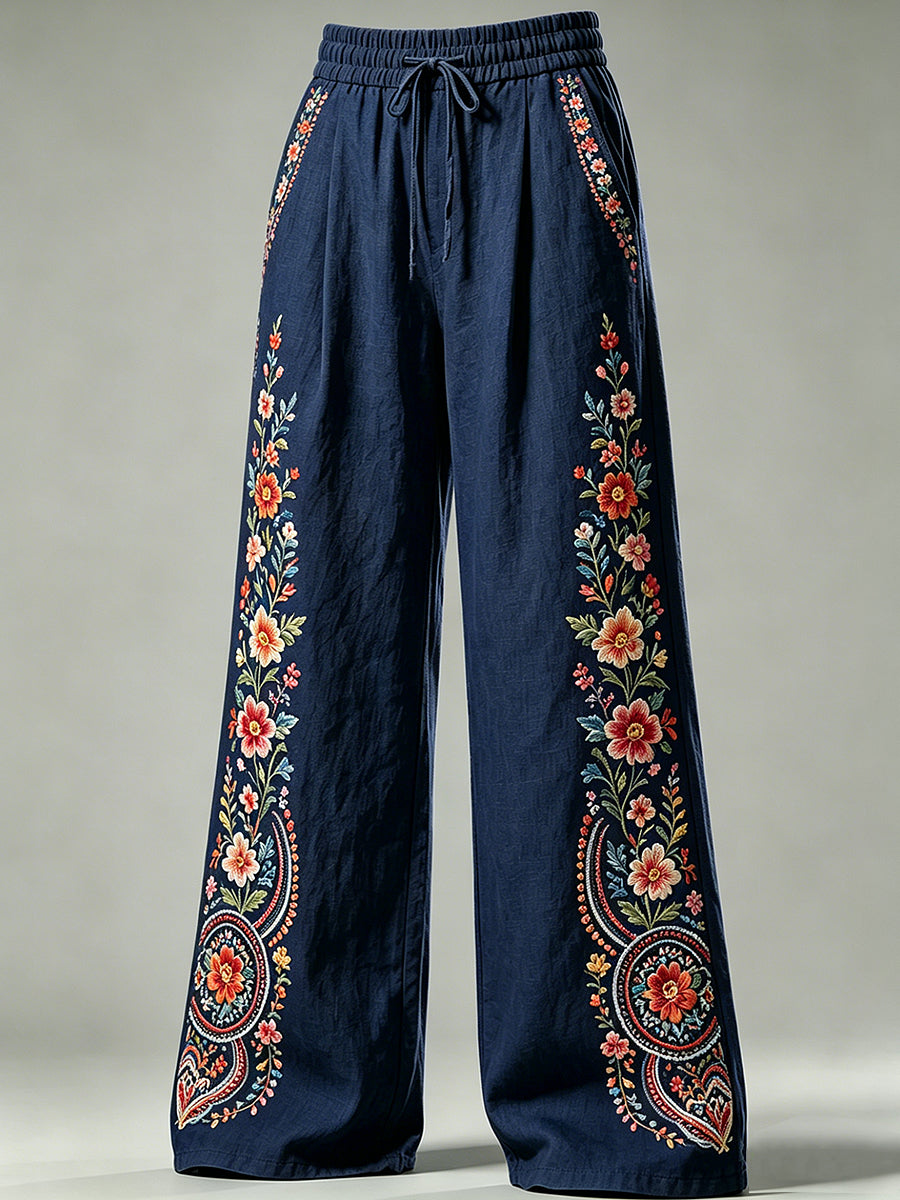 Women's Flower Art Print Drawstring Trousers