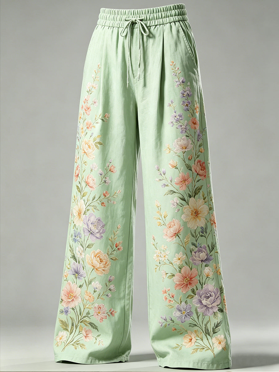 Women's Flower Art Print Drawstring Trousers