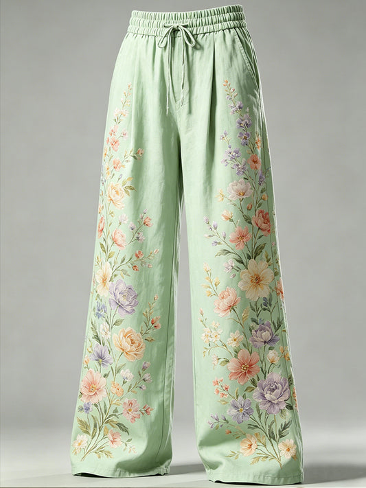 Women's Flower Art Print Drawstring Trousers