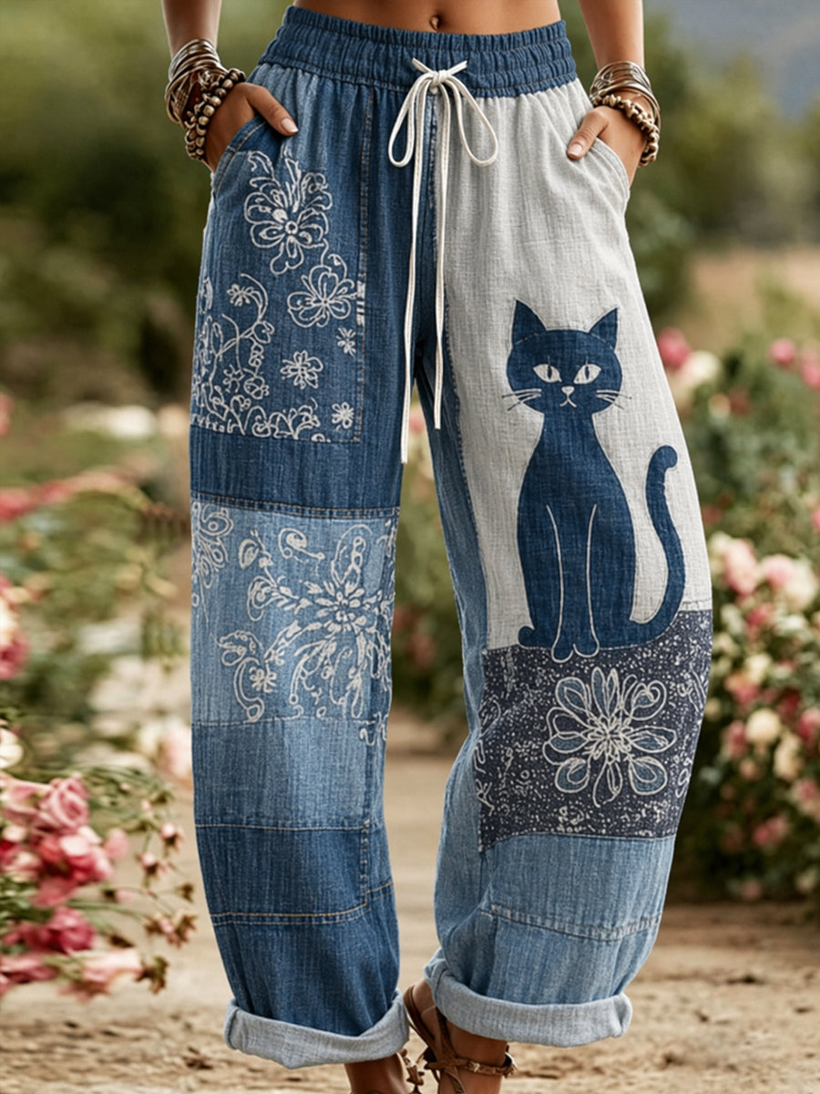Women's Floral Cat Print Casual Pants