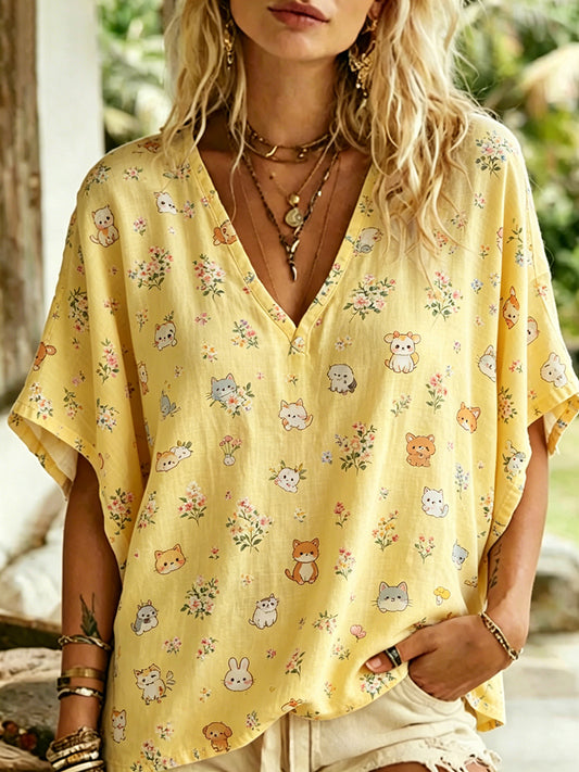 Women's Pastoral-Style V-Neck Top With Animal And Floral Print