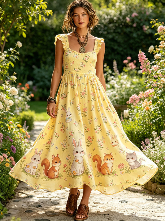 Women's Pastoral-Style Dress With Animal And Floral Print