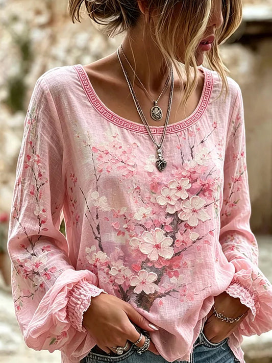 Women's Vintage Floral Art Print Casual Cotton-Linen Top