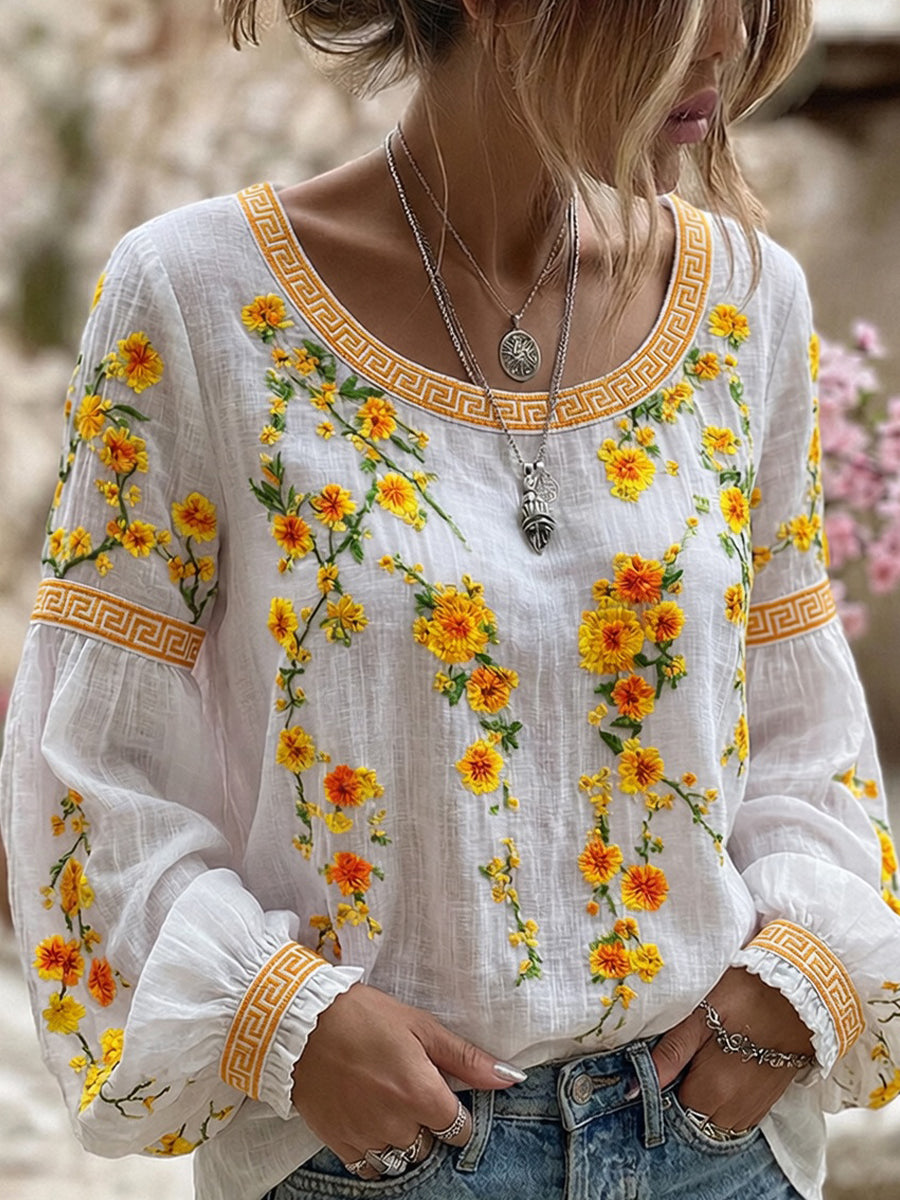 Women's Vintage Floral Art Print Casual Cotton-Linen Top