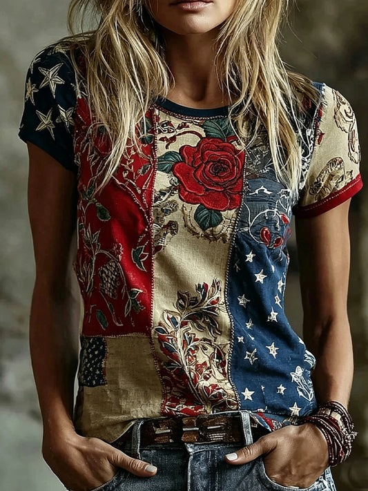 Women's Vintage Floral Art Print Casual Cotton-Linen Top
