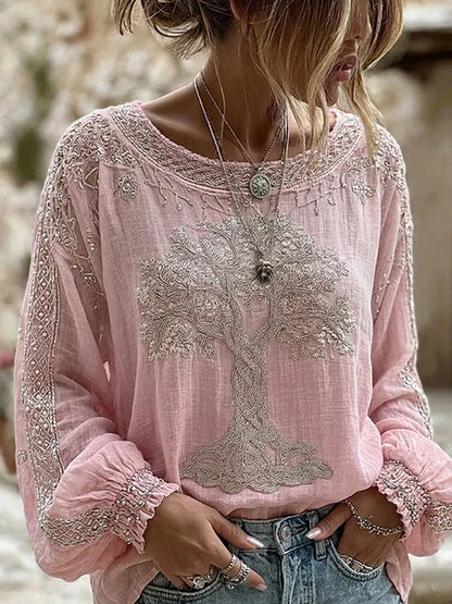 Women's Vintage Floral Art Print Casual Cotton-Linen Top
